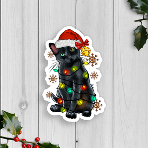 Holiday Cat With Lights Vinyl Sticker