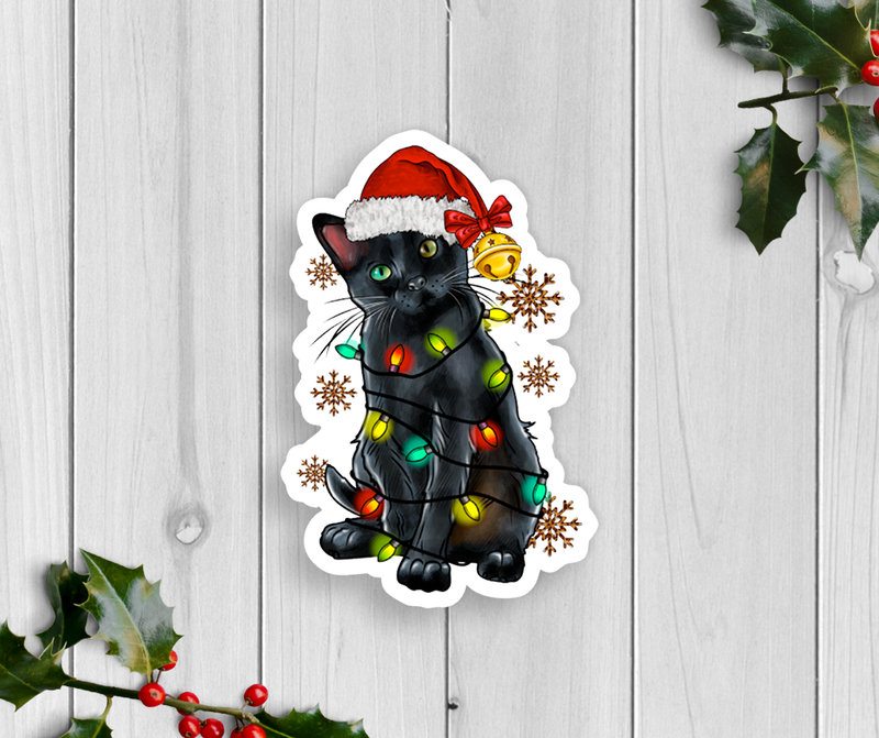 Holiday Cat With Lights Vinyl Sticker