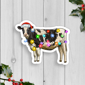 Holiday Cow With Lights Vinyl Sticker